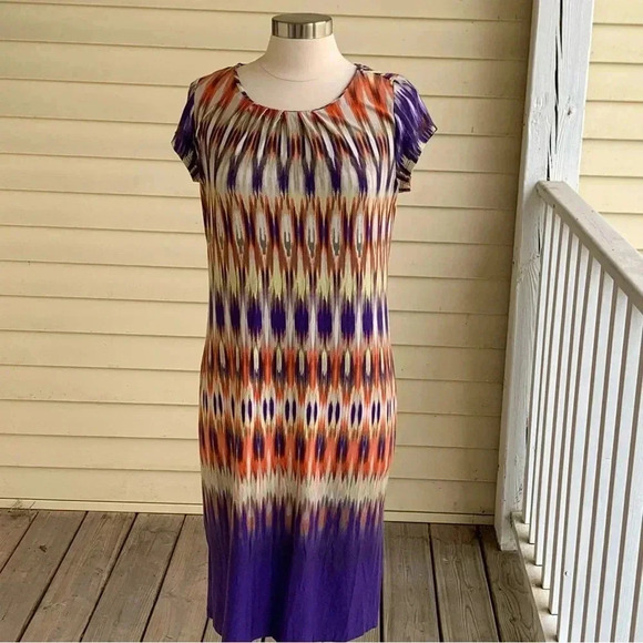 Chicos 1 (US Small 8) Ombre Ikat Print Jersey Ilana Knit Dress Purple Orange - Picture 3 of 9